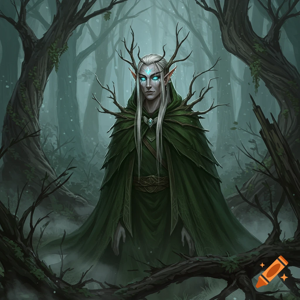 Ethereal elven figure with white hair and glowing blue eyes, wearing a dark green cloak with branches, in a misty forest.