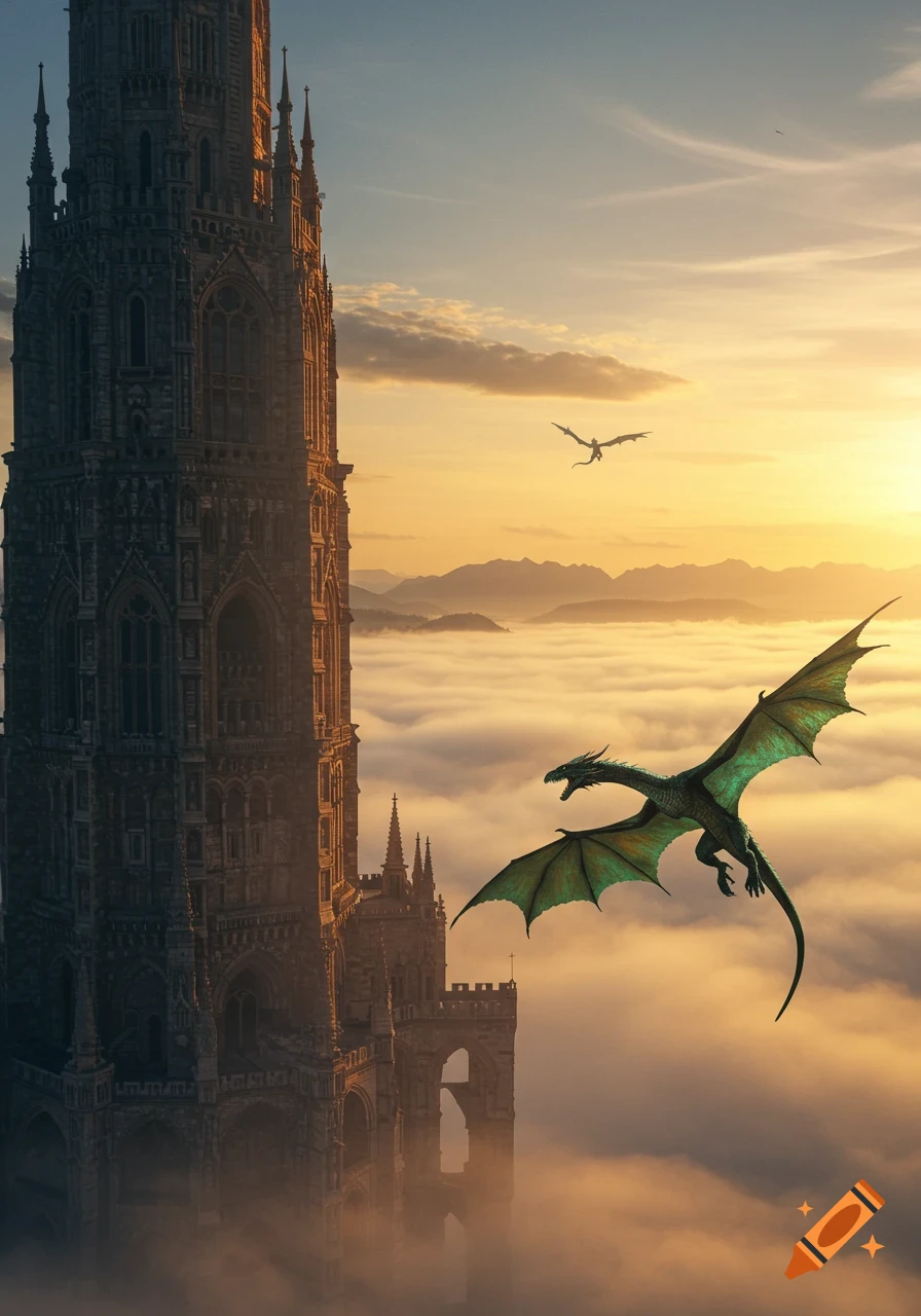 A large green dragon flies past a tall, gothic medieval tower, silhouetted against a golden sunset over a cloud-filled landscape with mountains.