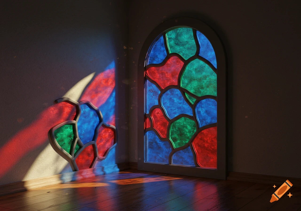 Sunlight through an arched stained glass window with red, blue, green abstract shapes, casting colored reflections on a wall and wooden floor.