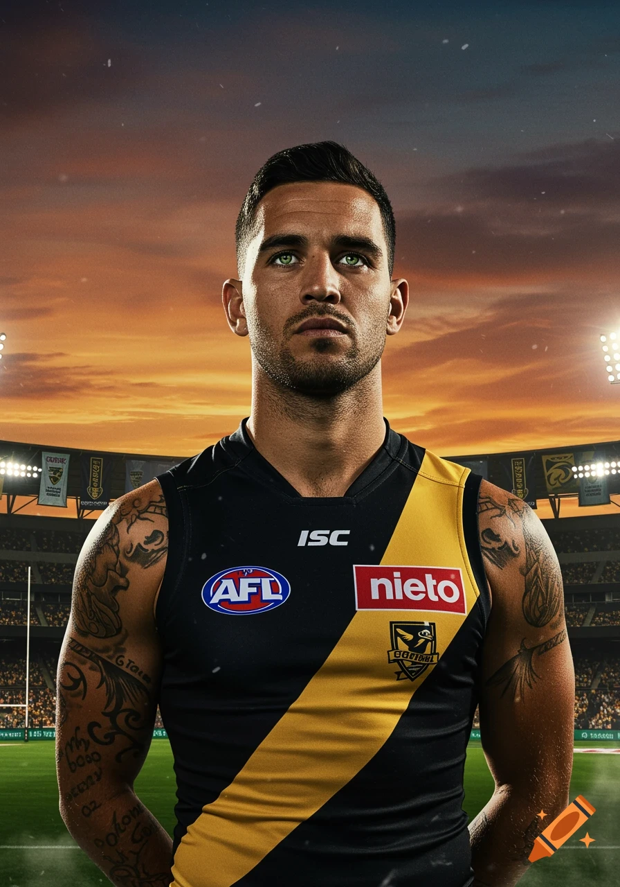 A serious male AFL player with tattoos and green eyes in a black and yellow jersey, stands against a stadium backdrop with an orange sunset sky.