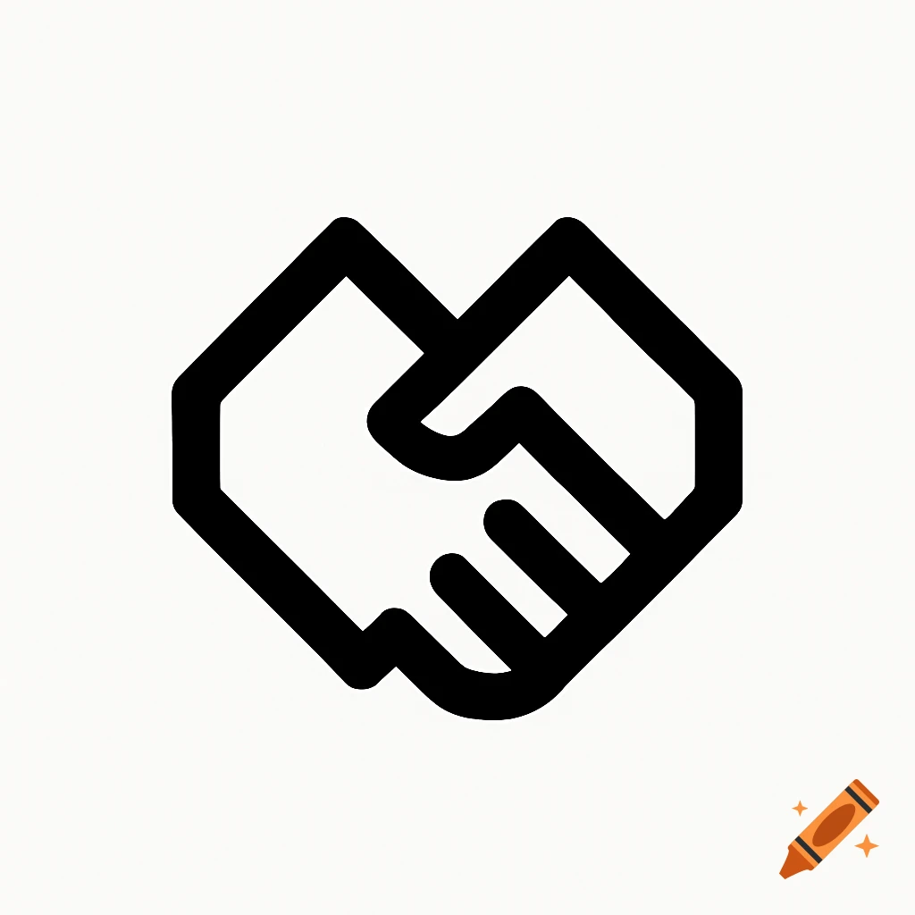 Minimalist black outline icon of two hands shaking, forming a heart shape, on a white background.