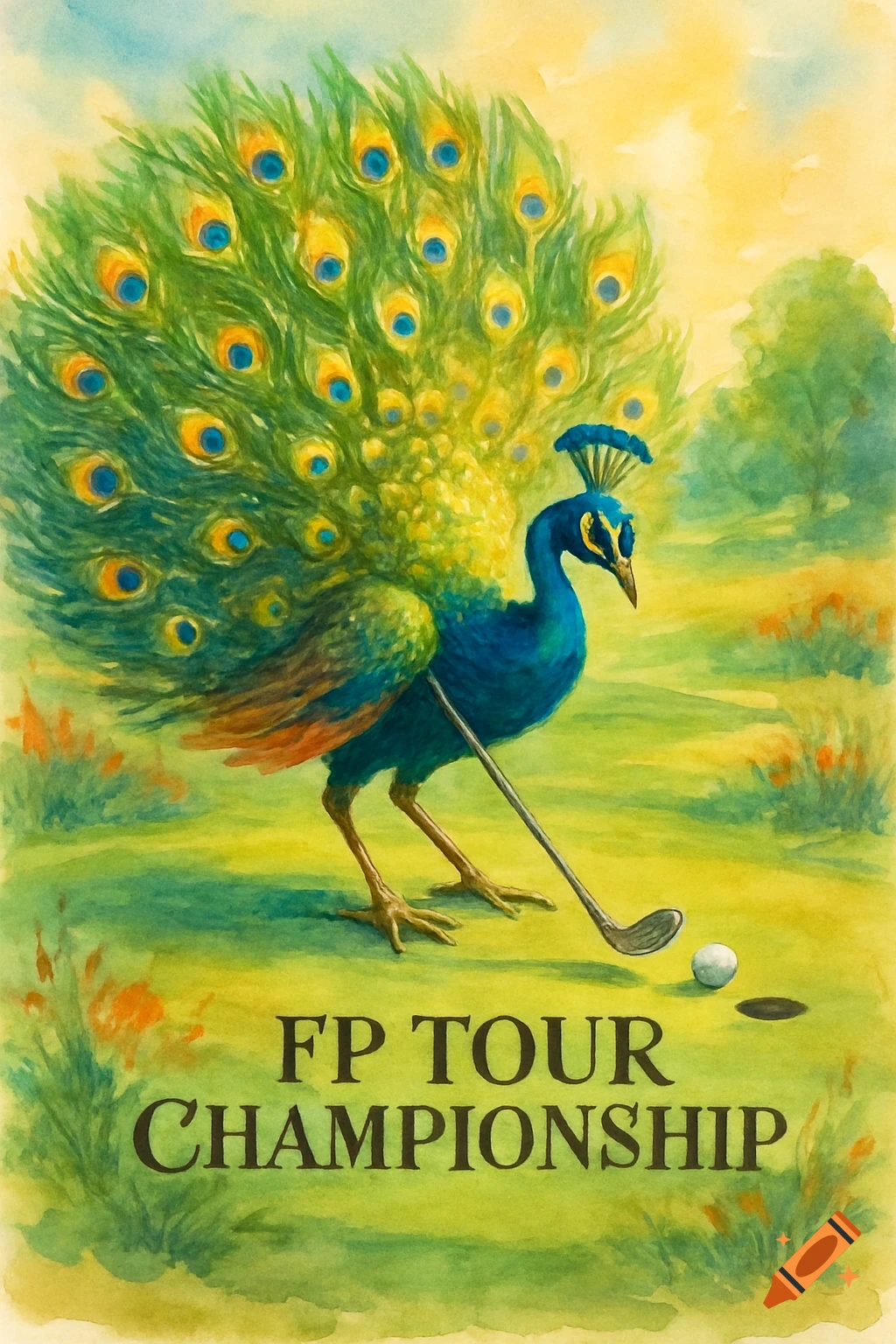 Watercolor painting of a peacock with a golf club, about to hit a golf ball on a green, with text 'FP TOUR CHAMPIONSHIP'.