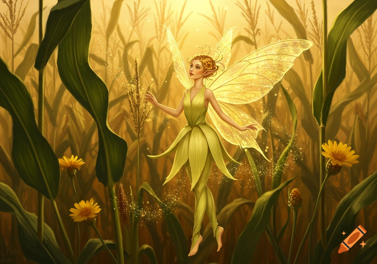 A beautiful fairy with shimmering wings and a green leaf dress stands in a golden cornfield at sunset, light sparkling around her.