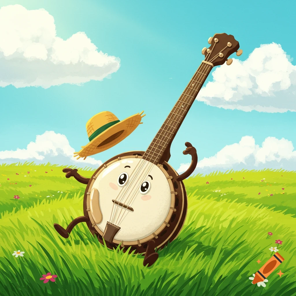 Cheerful cartoon banjo with a straw hat running through a vibrant green field under a blue sky.