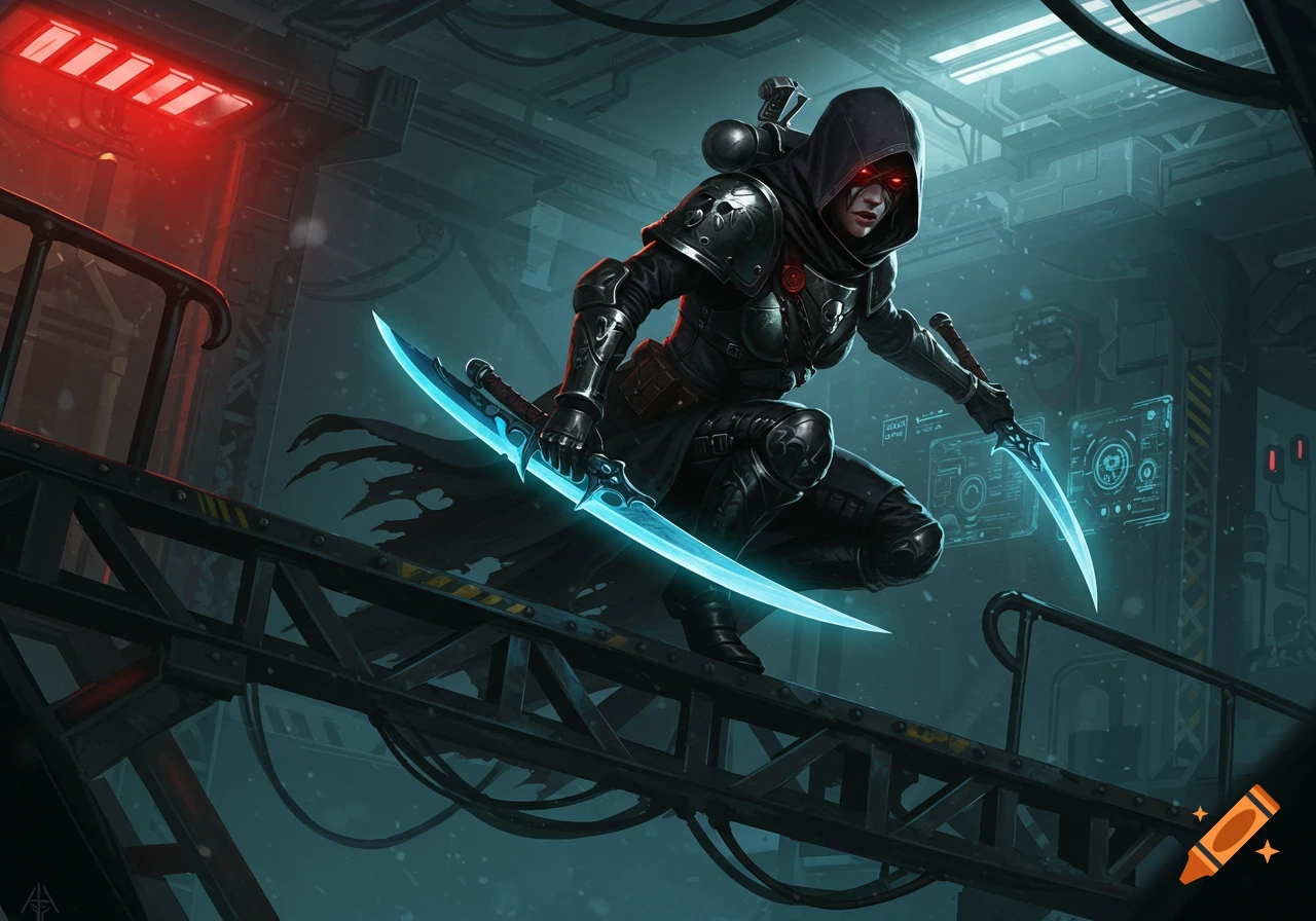 A hooded female assassin with glowing blue blades crouches on a metal gantry in a dark, futuristic industrial setting. Digital art.