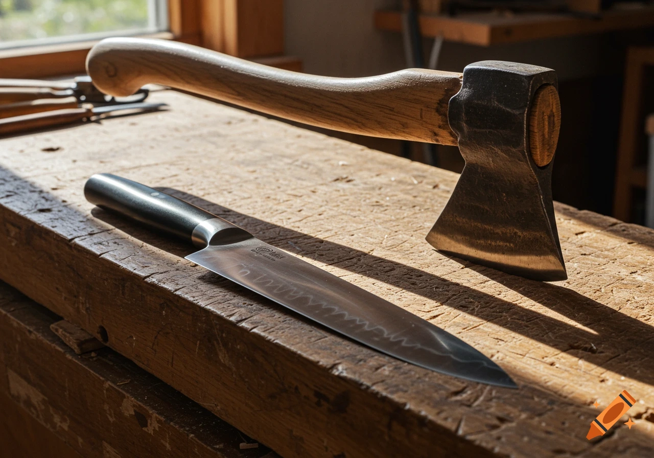 A close-up shot of a chef's knife and a small axe resting on a wooden workbench, bathed in sunlight.