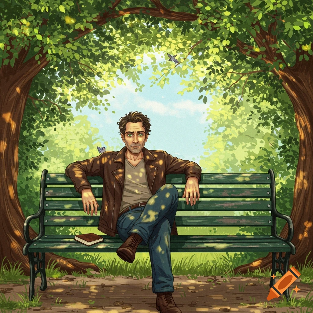 Illustrative image of a man in a leather jacket and jeans sitting on a green park bench under sunlit trees.