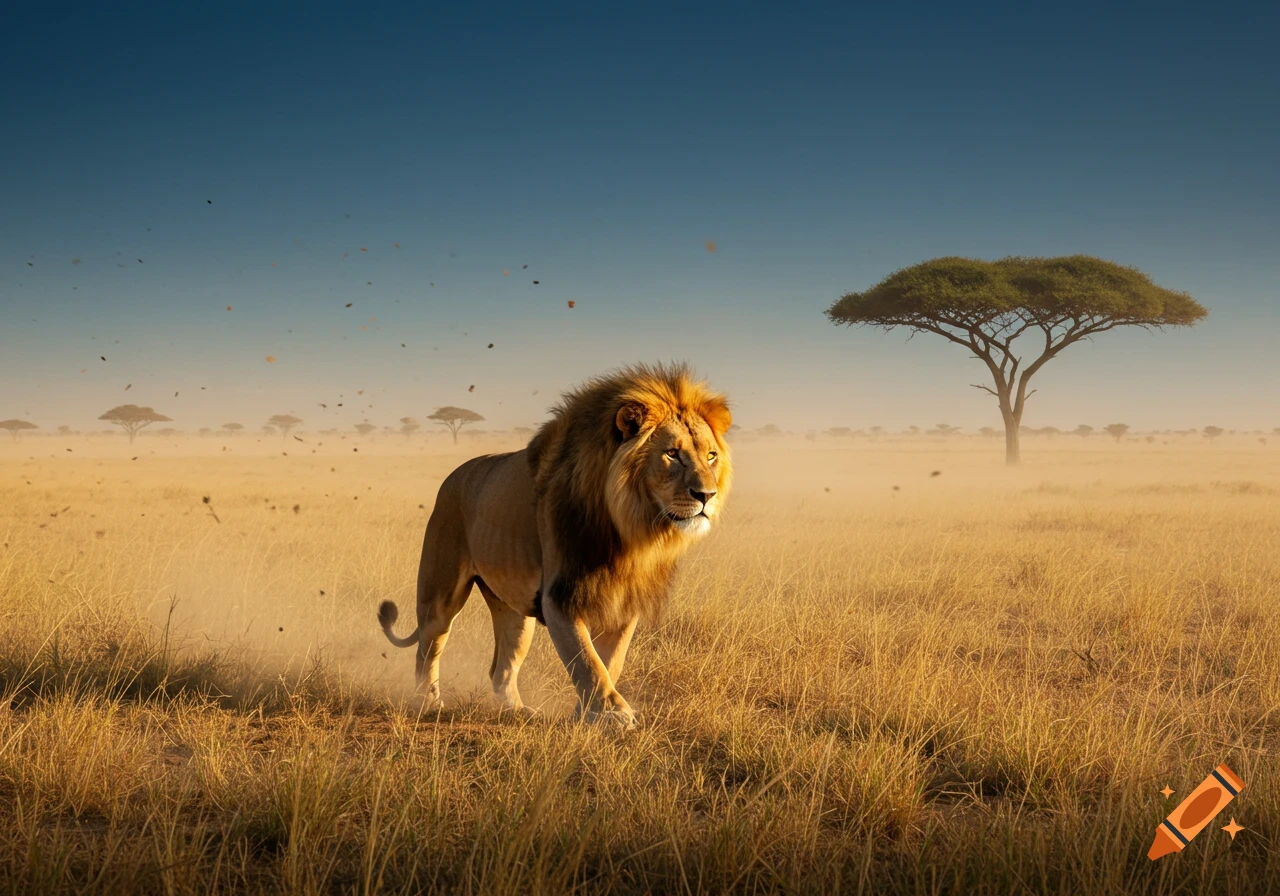Photorealistic image of a majestic lion walking through a golden savanna at sunset with acacia trees in the background.