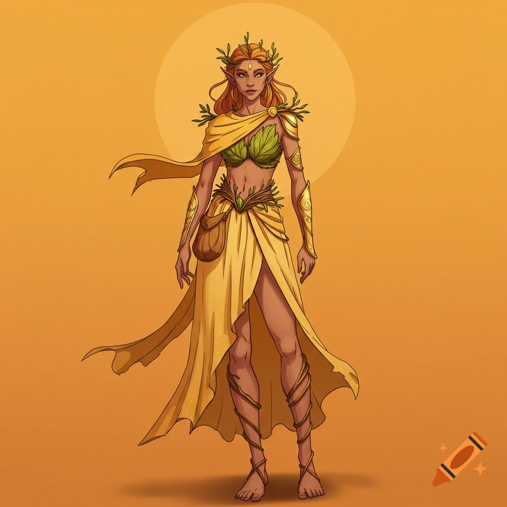 An elf-like woman in nature-inspired fantasy attire, with a leafy top, flowing yellow skirt, and golden arm guards, standing against an orange sun.