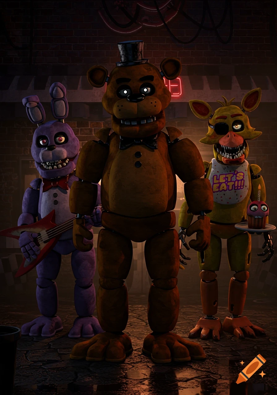 Three creepy animatronics: Freddy Fazbear, Bonnie, and Chica, stand in a dark, brick-walled pizzeria entrance.