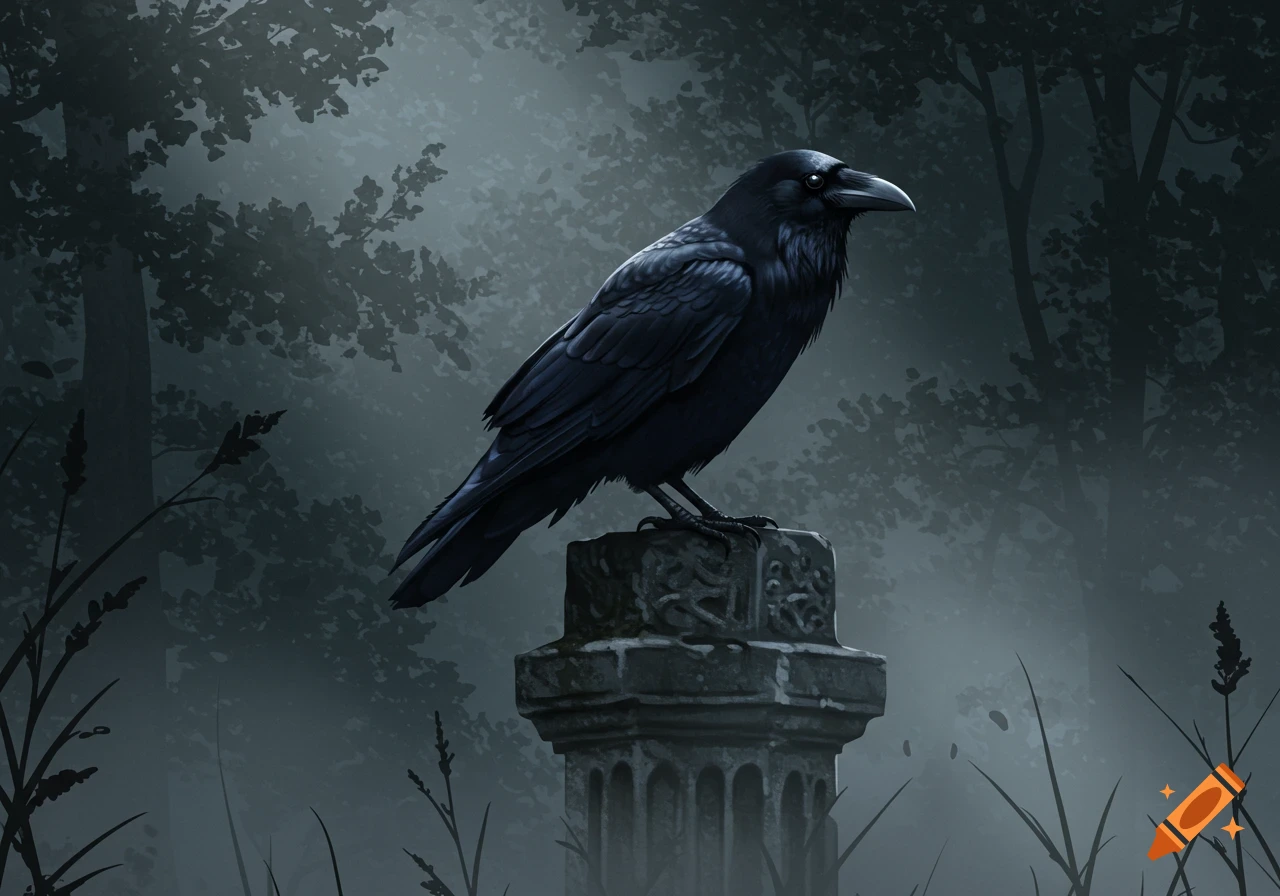 A black raven perches on a decorative stone pedestal in a dark, foggy forest, with silhouetted trees in the background. Digital painting.