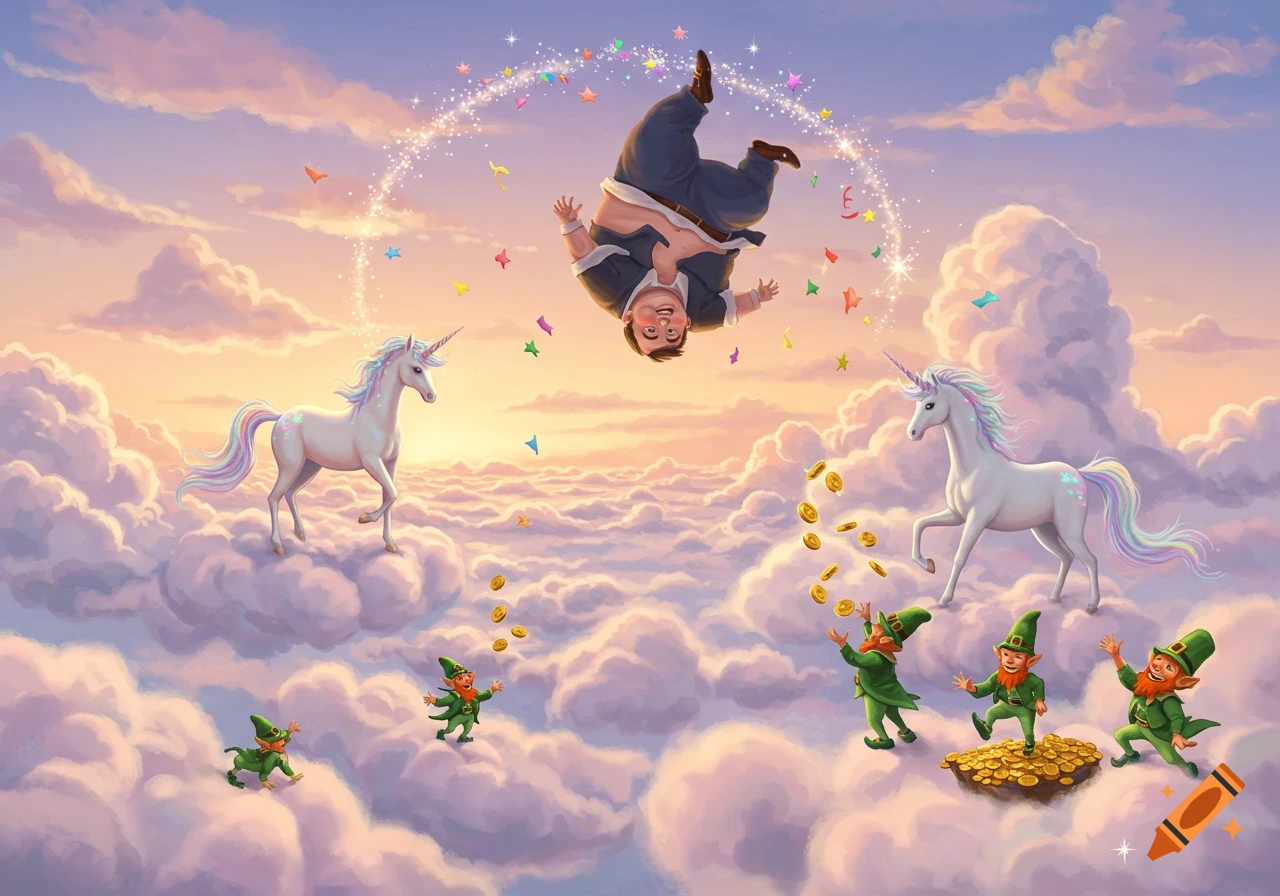 A whimsical illustration of a man doing a backflip in the sky with unicorns and leprechauns collecting gold coins on fluffy clouds.