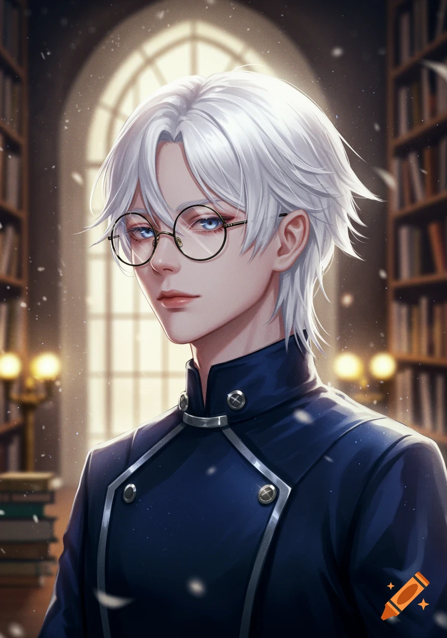 Anime-style portrait of a white-haired man with round glasses, wearing a dark uniform, in a dimly lit library.