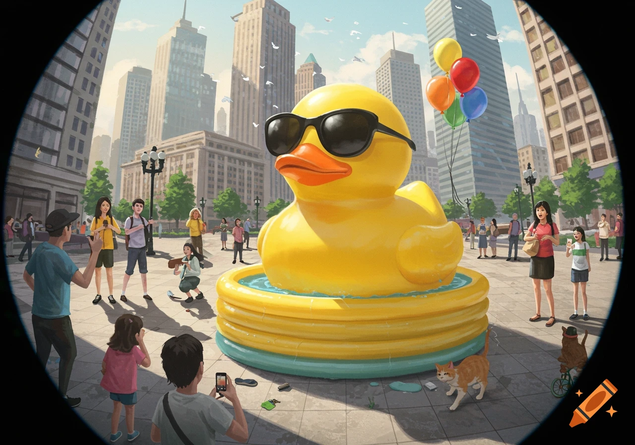 A giant rubber duck with sunglasses in a wading pool in a city square, surrounded by people, balloons, and animals.