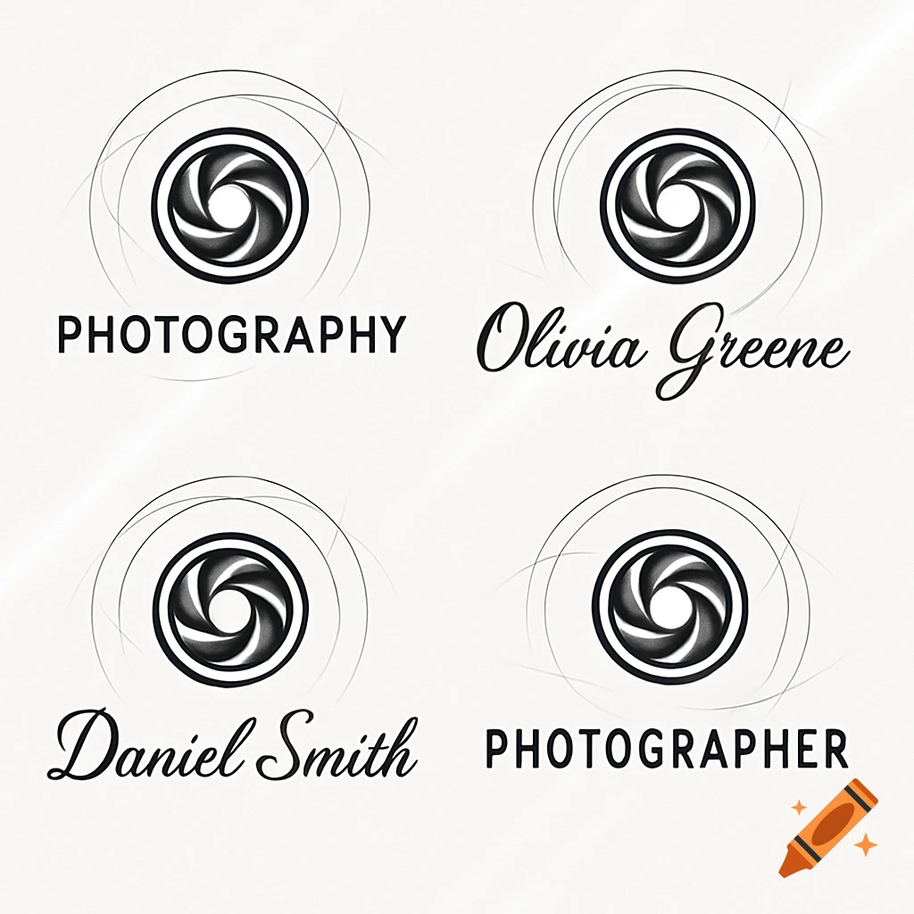 Four minimalist photography logos featuring a camera aperture symbol and business names.