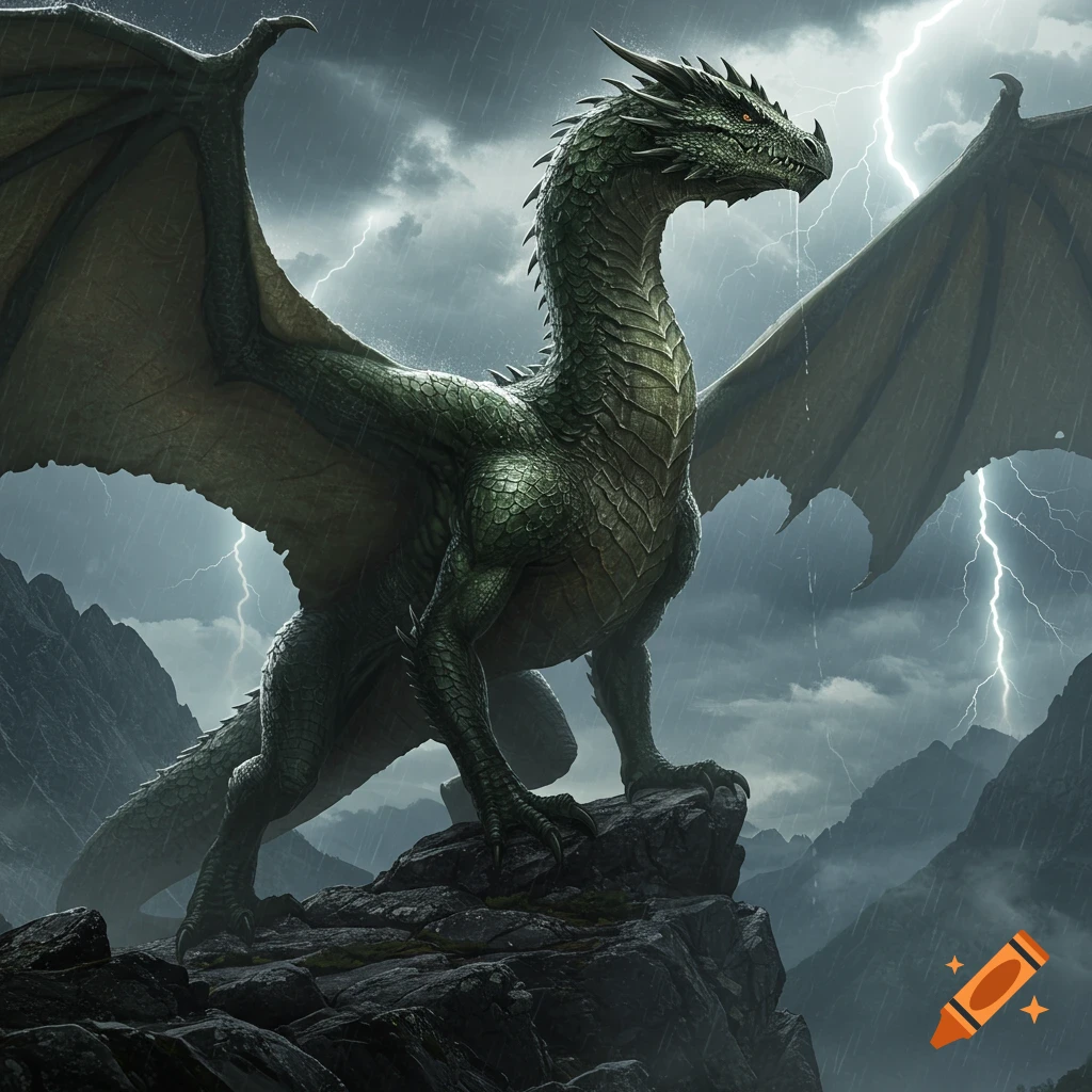 A majestic green dragon stands on a craggy mountain peak with wings spread under a stormy, lightning-filled sky.
