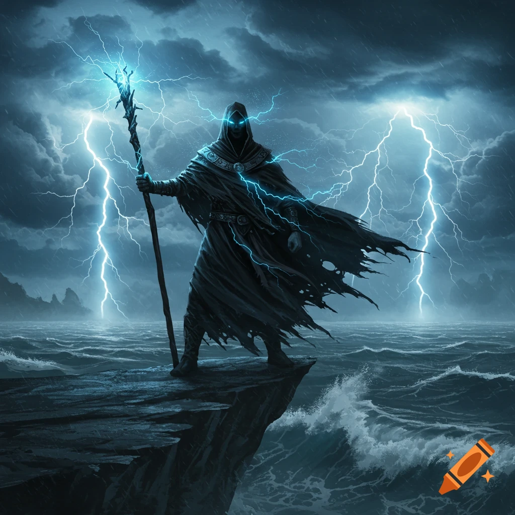 Hooded figure with glowing eyes on a cliff, wielding a lightning staff in a dark stormy sea. Dark fantasy art.