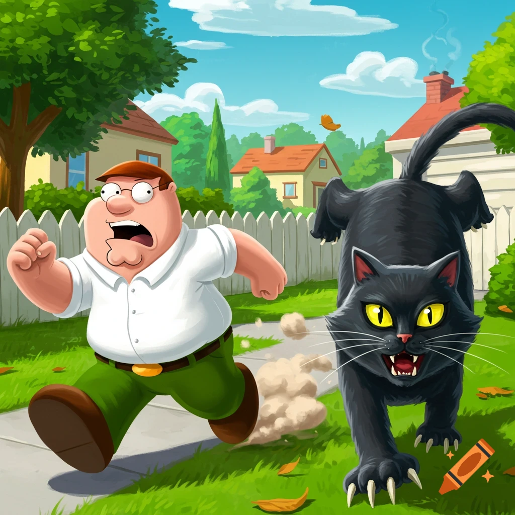 Cartoon of Peter Griffin running in fear on a sidewalk as an aggressive black cat chases him through a sunny suburban neighborhood.
