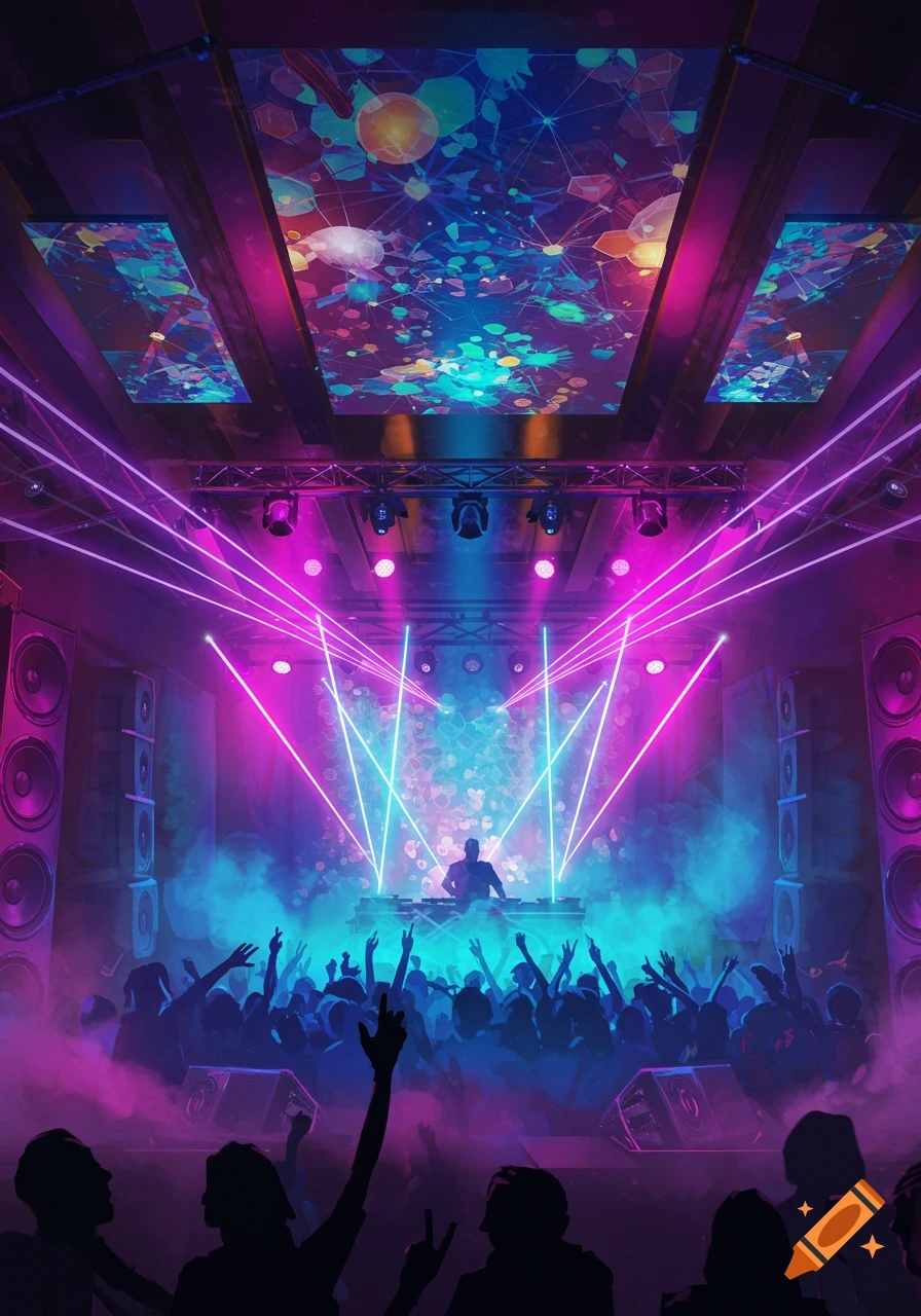 A DJ performs on stage at a vibrant rave, illuminated by neon pink and blue lasers and dense smoke, with a cheering crowd in silhouette.