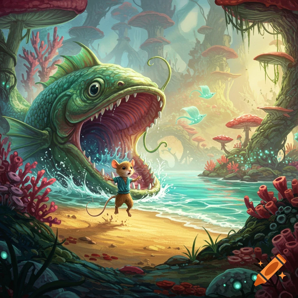 A tiny mouse dashes on a sandy beach, escaping a huge, green fish with an open mouth. The vibrant fantasy scene features giant red mushrooms and glowing plants.