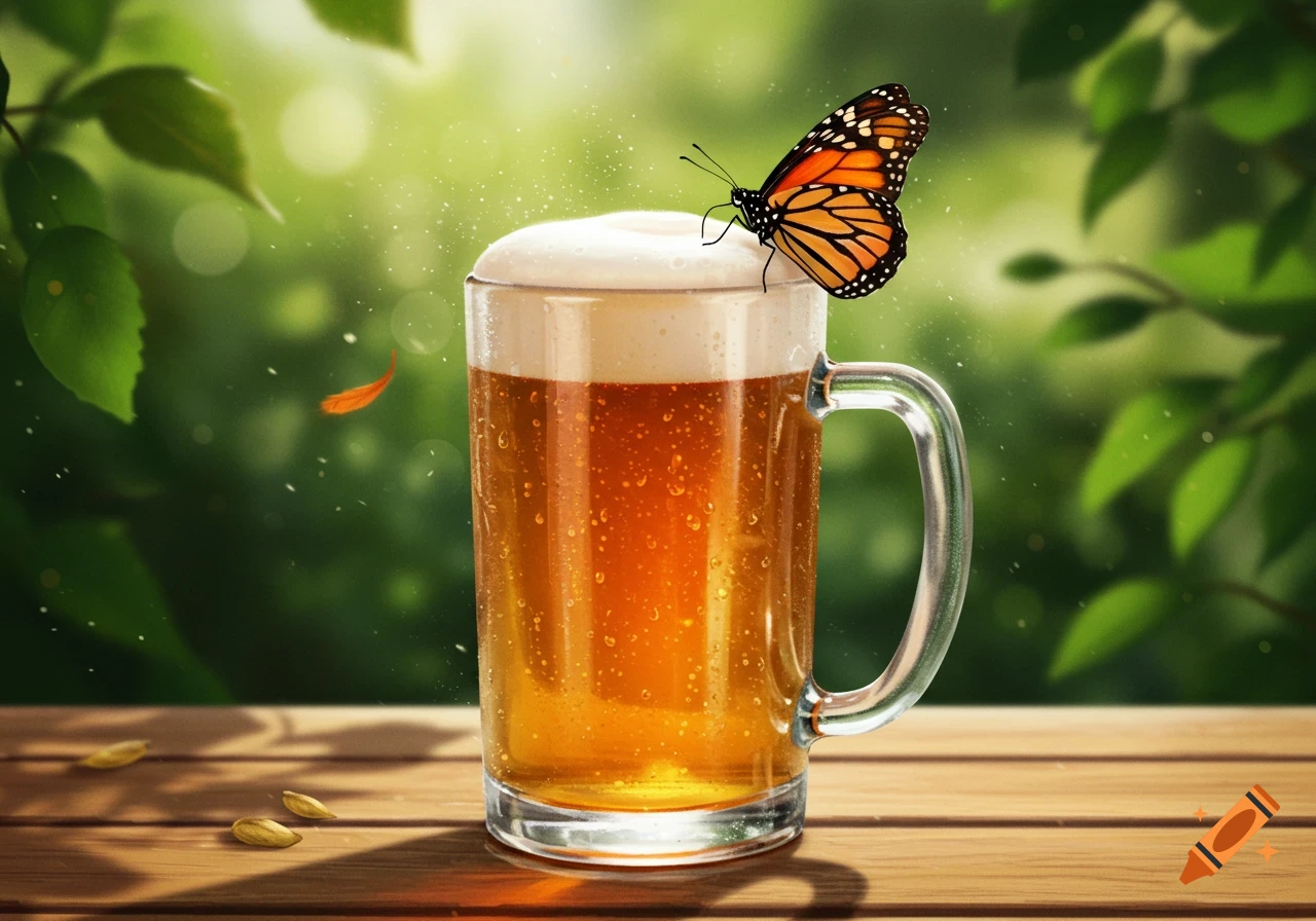 Photorealistic monarch butterfly resting on the foam of a beer mug on a wooden table in a green outdoor setting.