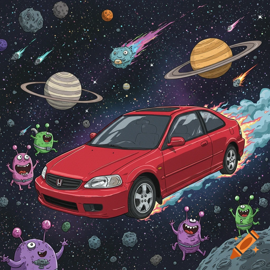 Cartoon red Honda Civic flying through space surrounded by planets, stars, and whimsical aliens.