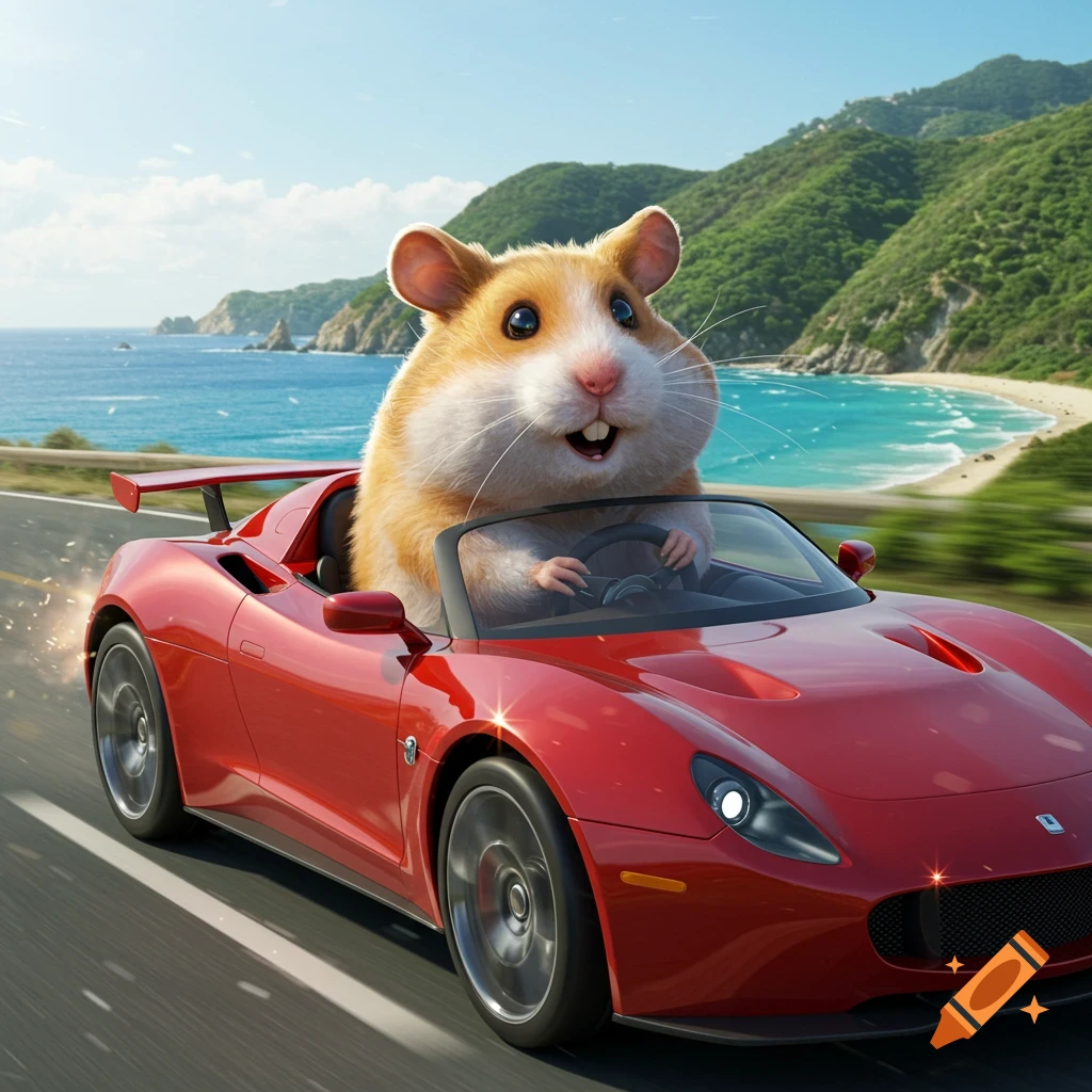 A cute, fluffy hamster driving a red sports car on a scenic coastal road with the ocean and mountains in the background.