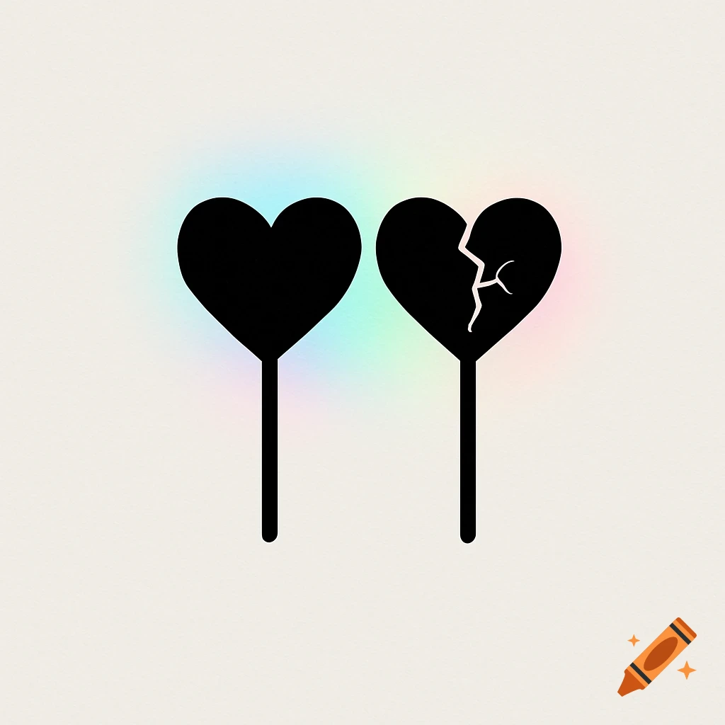 Two black heart lollipops, one whole and one broken, backlit by pastel blue, pink, and green on a plain background.
