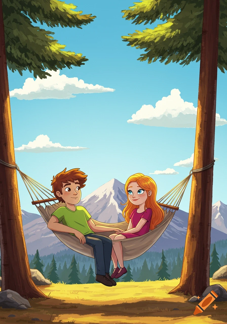 Cartoon male and female characters sit in a hammock between two trees, holding hands, with mountains and a forest in the background.