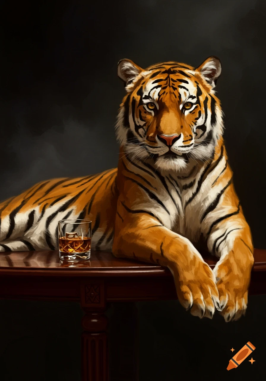 A majestic tiger lies on a dark wooden table with a glass of whiskey and ice, in a luxurious digital painting style.