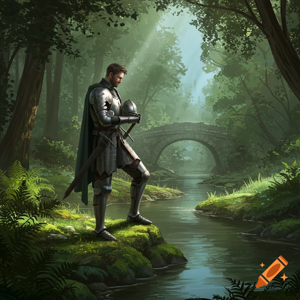 A medieval knight in shining armor stands by a creek in a lush forest, holding his helmet, with a stone bridge in the background.