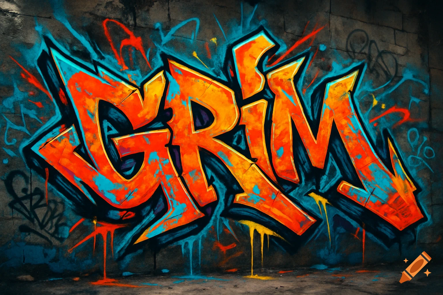 Vibrant wild style graffiti of the word 'GRIM' in orange and blue with black outlines on a dark, textured wall.