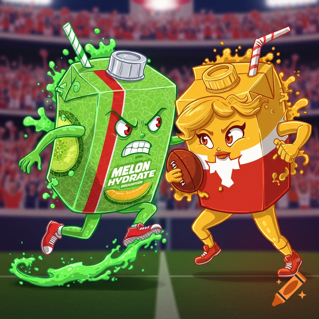 Cartoon illustration of a green 'Melon Hydrate' juice box tackling a yellow 'Golden Girl' juice box on a football field.