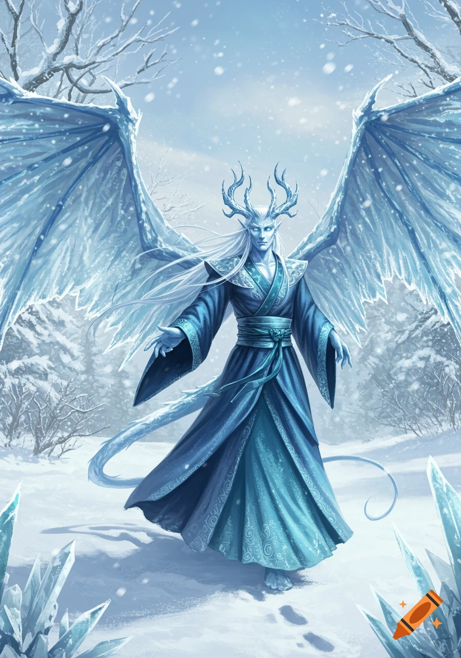 A blue and white icy elf with dragon wings, horns, and a tail, dressed in a blue Asian-style robe, stands in a snowy forest.