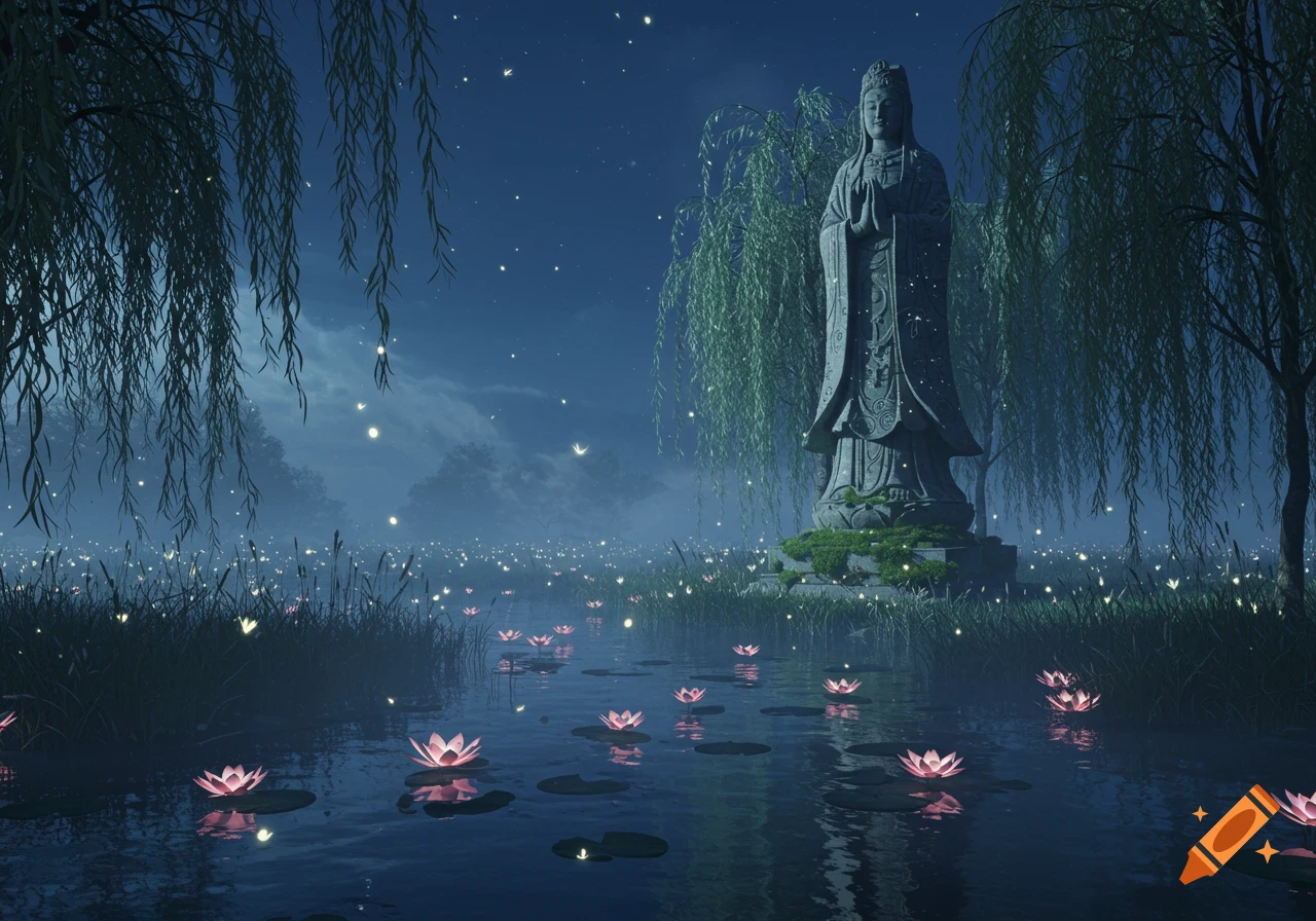 A serene, mystical night scene with a large stone Buddha statue by a glowing lake with pink lotus flowers and fireflies, framed by willow trees.