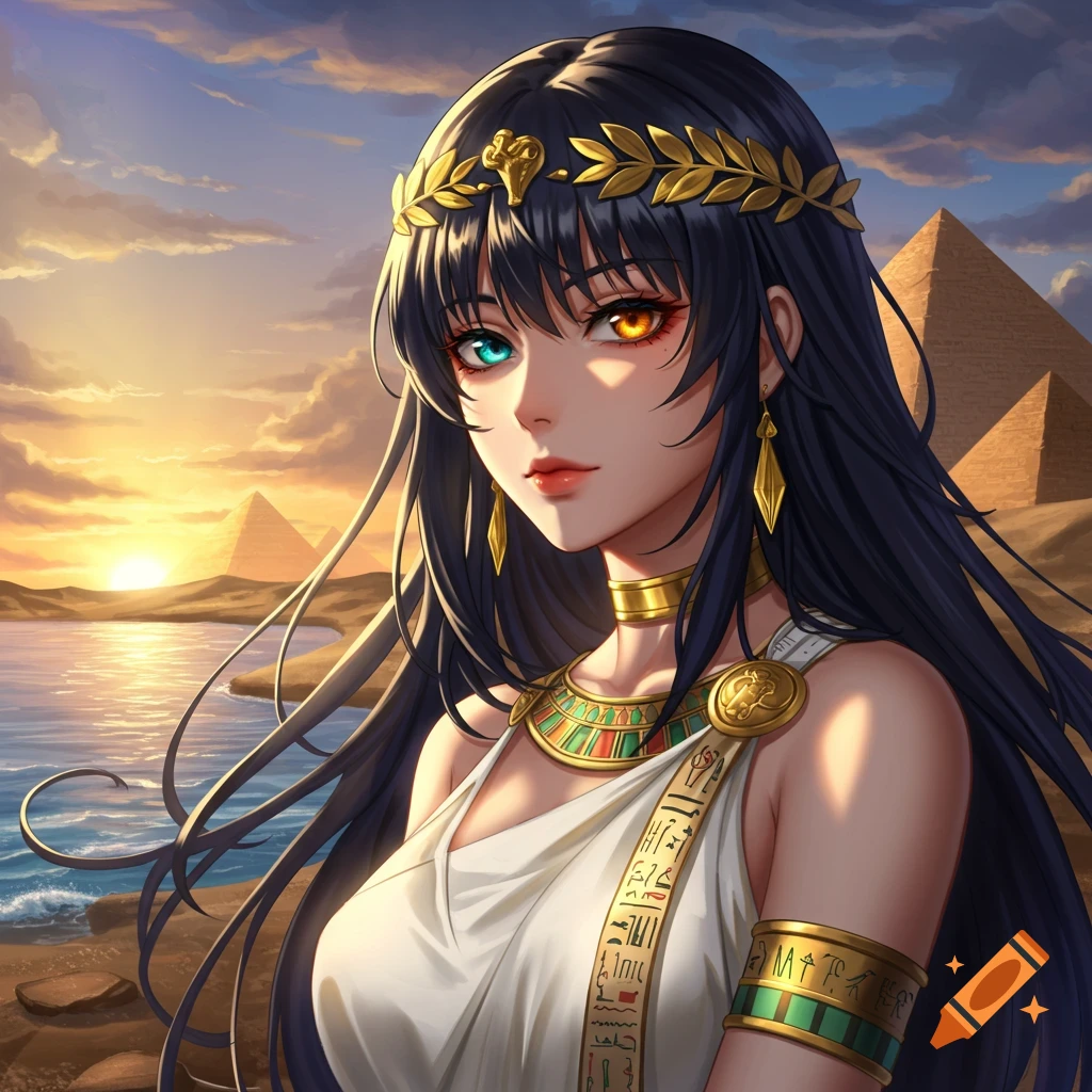Anime woman with long dark hair, heterochromia, in ancient Egyptian dress, standing by water with pyramids at sunset.