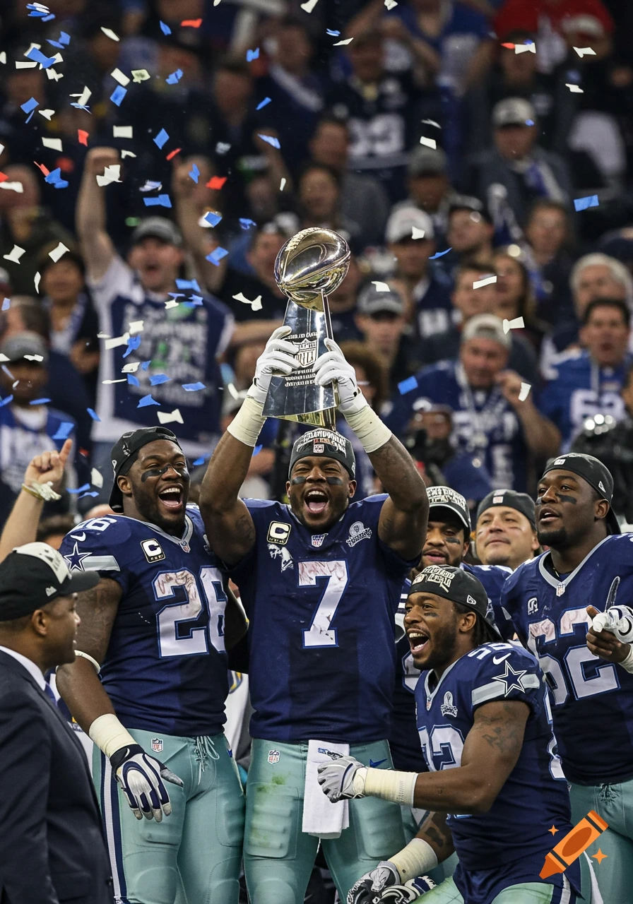 Dallas Cowboys players celebrate a Super Bowl victory, raising the trophy amidst falling confetti in a stadium.