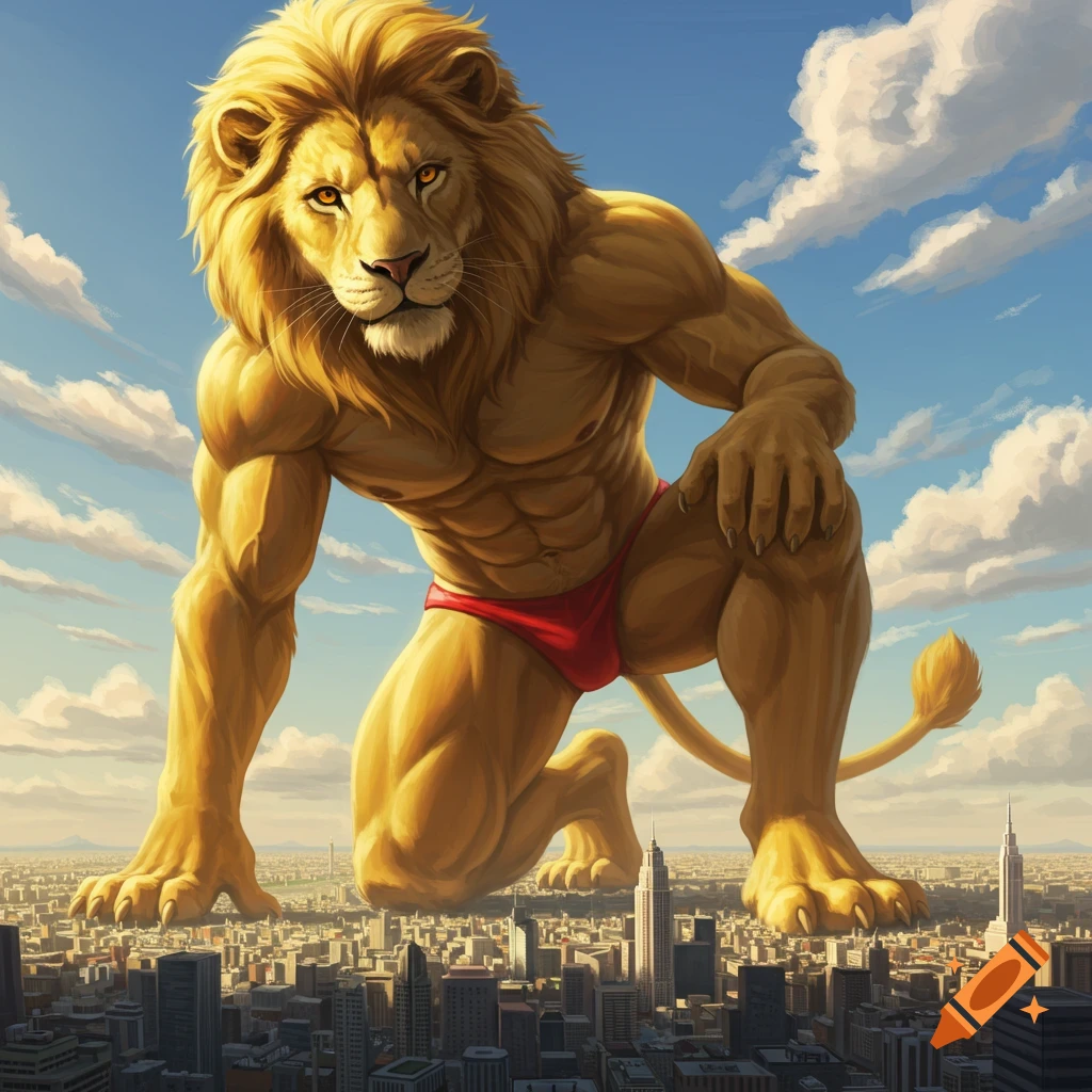 Gigantic muscular anthropomorphic lion in a red speedo kneeling over a tiny city under a cloudy sky in a photorealistic art style.