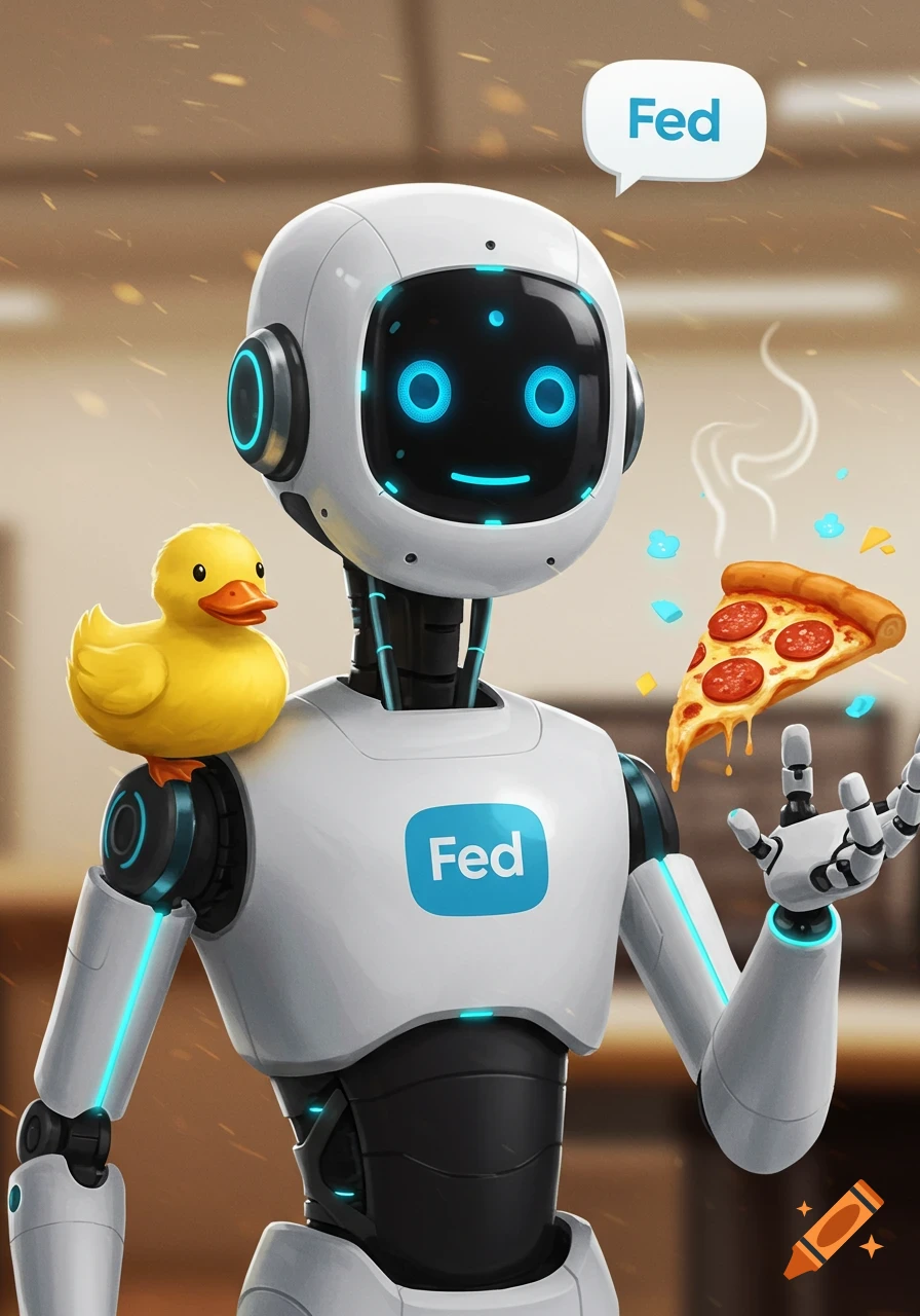 A friendly white robot with glowing blue eyes, a yellow rubber duck on its shoulder, and a floating slice of pizza. Text reads "Fed".