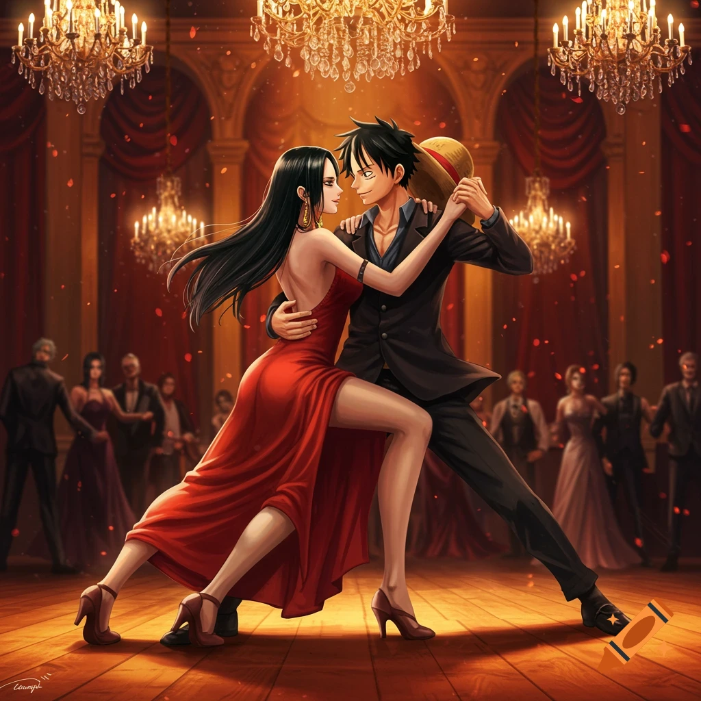 Anime characters Luffy and Boa Hancock dance the tango in a grand ballroom with chandeliers.