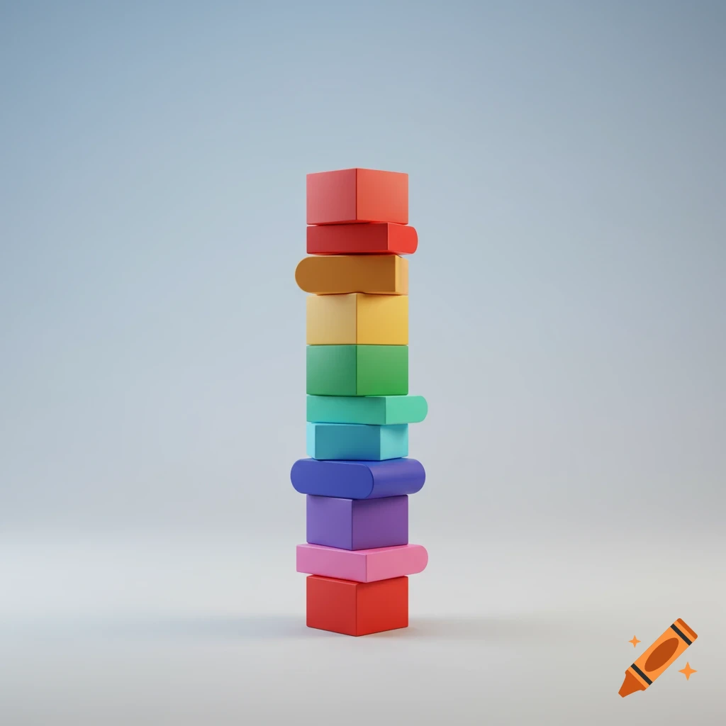 A tall stack of colorful, minimalist blocks and book-like shapes against a light blue background.