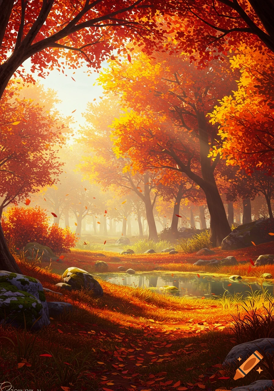 Vibrant autumn forest with orange and yellow leaves, sunlight filtering through trees, a calm pond, and fallen leaves.