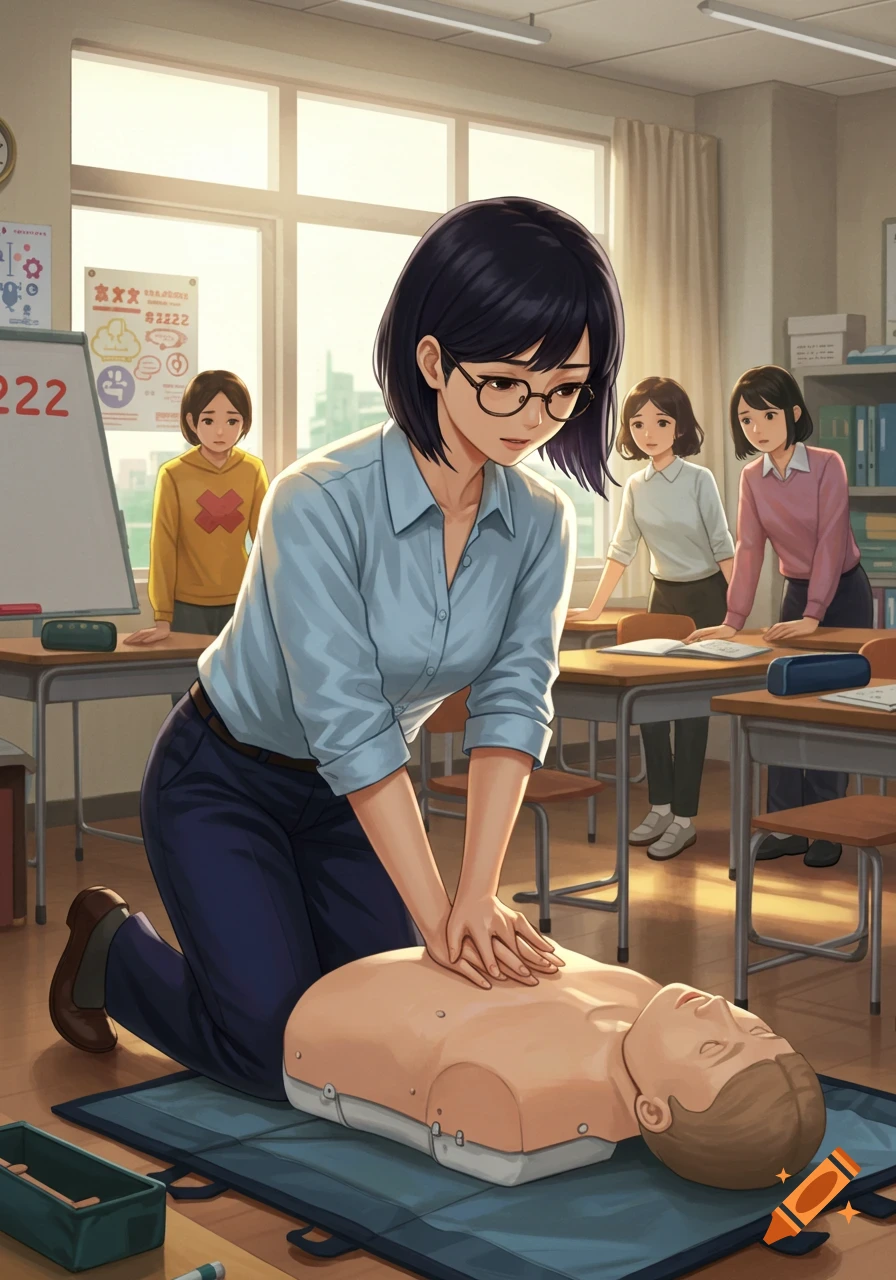 A female instructor with glasses practices CPR on a dummy while students watch in an anime-style classroom.