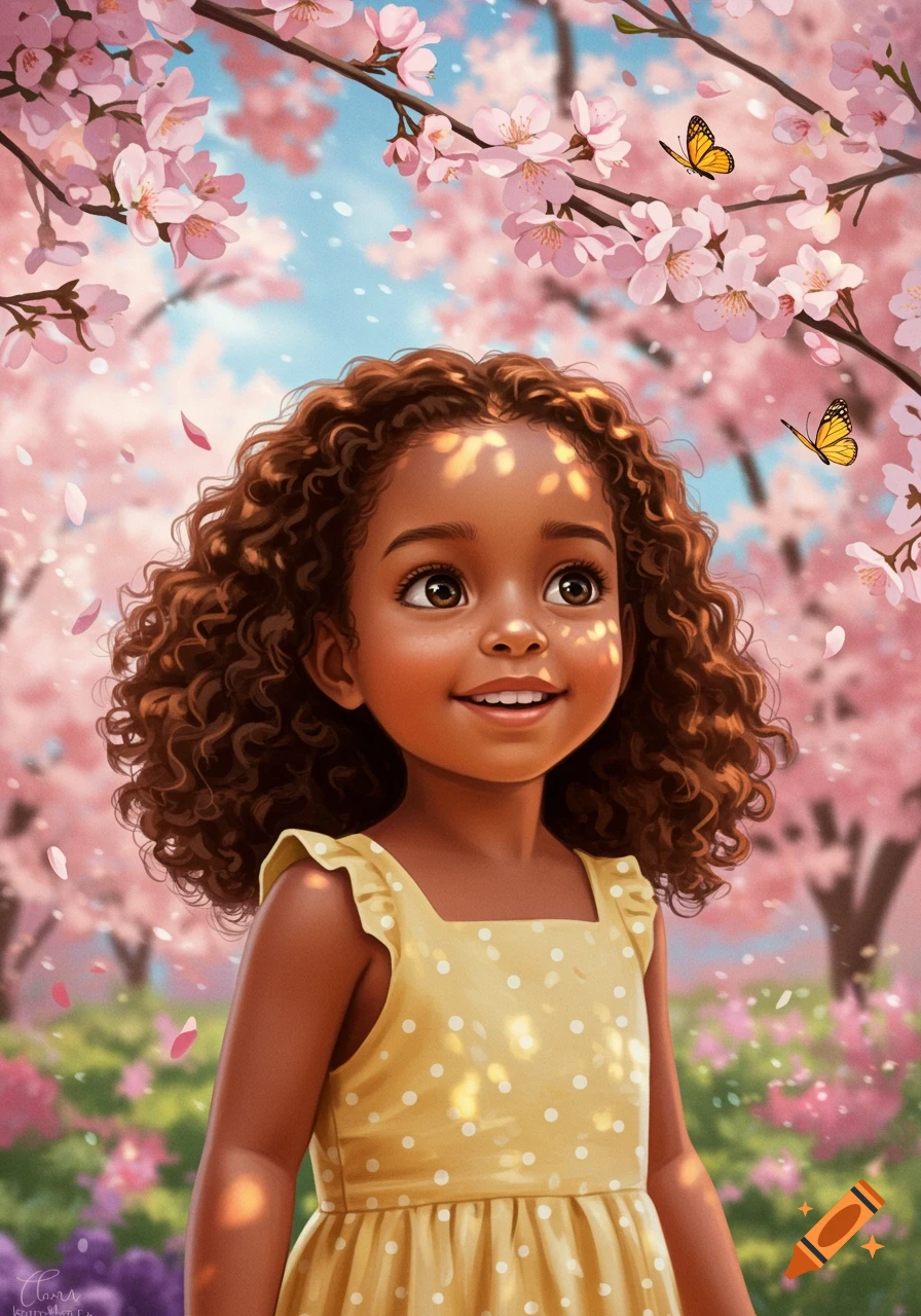 A cute cartoon girl with curly brown hair in a yellow polka-dot dress smiles amidst falling pink cherry blossoms and butterflies, bright spring illustration.