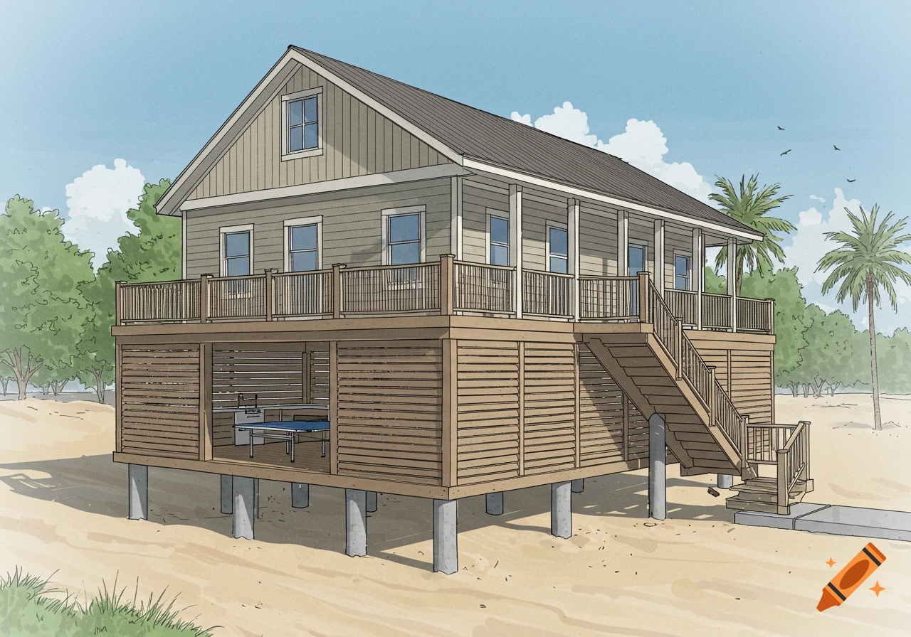 Illustrated coastal guest house raised on pilings with an outdoor kitchen and ping pong table underneath.