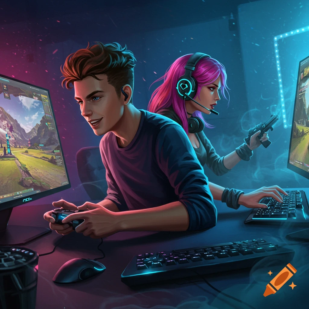 Two gamers, a man and a woman, play intensely on computers in a neon-lit room. The man uses a controller, the woman a keyboard and mouse, holding a gun in her right hand.