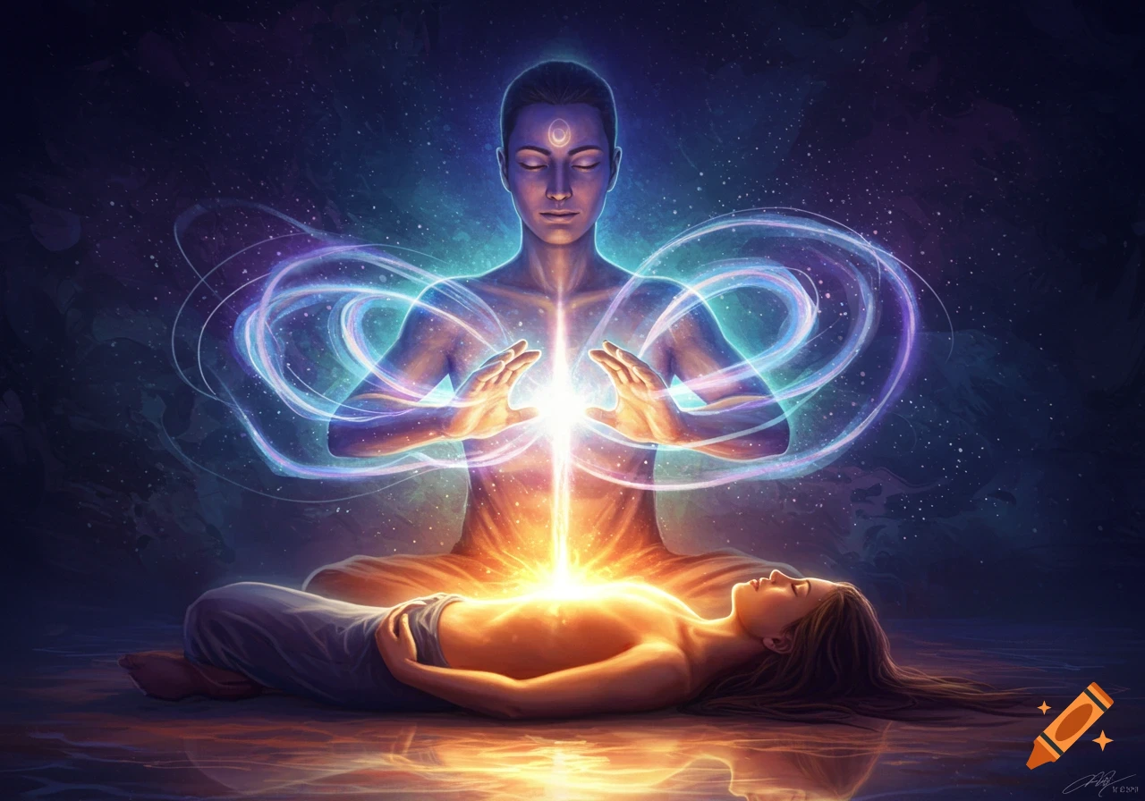 Meditating figure channels glowing energy into a recumbent person on a cosmic background, in a spiritual fantasy art style.