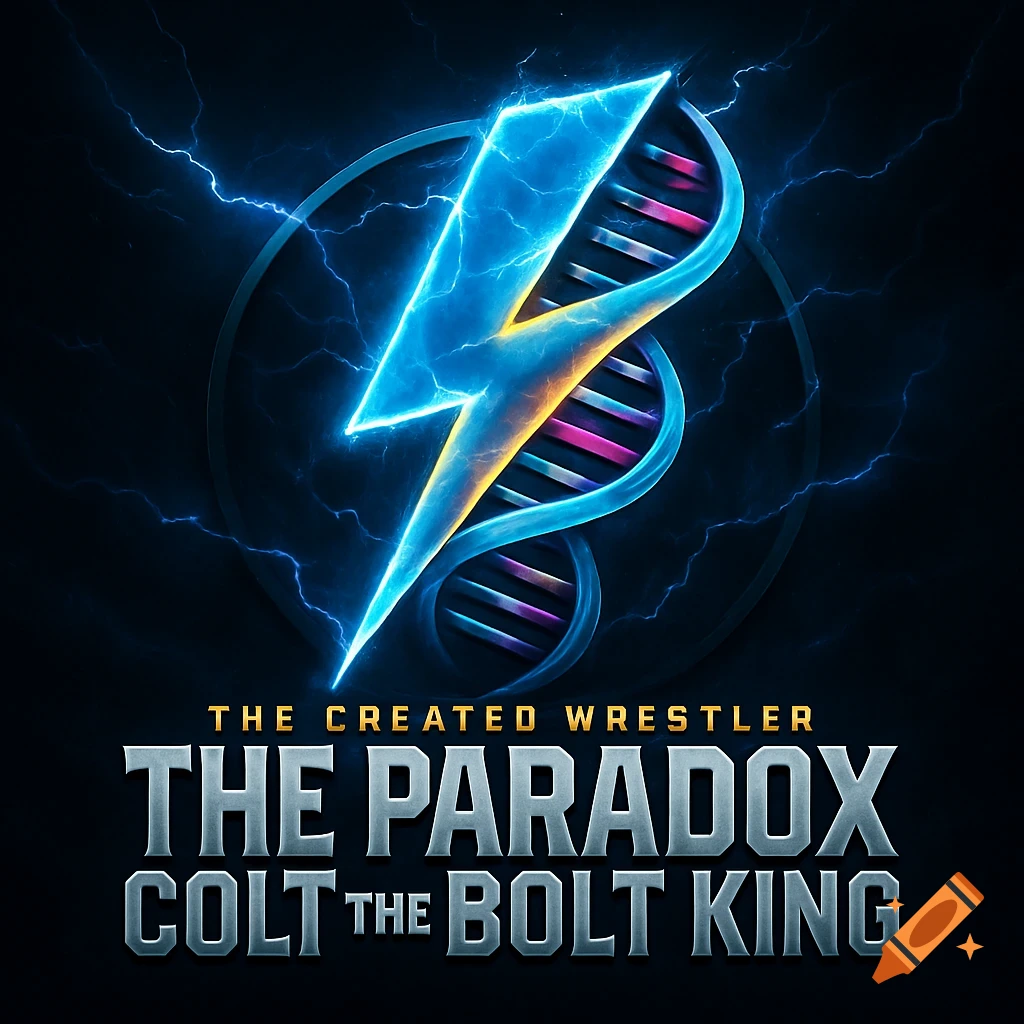 Dramatic logo for a wrestler with a glowing blue lightning bolt intertwined with a DNA helix against a dark background, with text 'The Paradox Colt the Bolt King'.