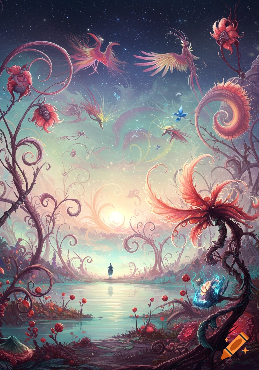 A vibrant fantasy landscape with a person standing by a serene lake, surrounded by surreal glowing plants, fantastical birds, and a starry sky with a bright sun.