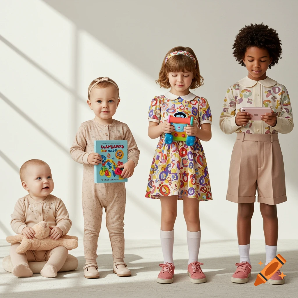 Four children, a baby to elementary age, in high fashion outfits posing in a bright studio. They hold a teddy bear, a book, a toy train, and a smartphone.
